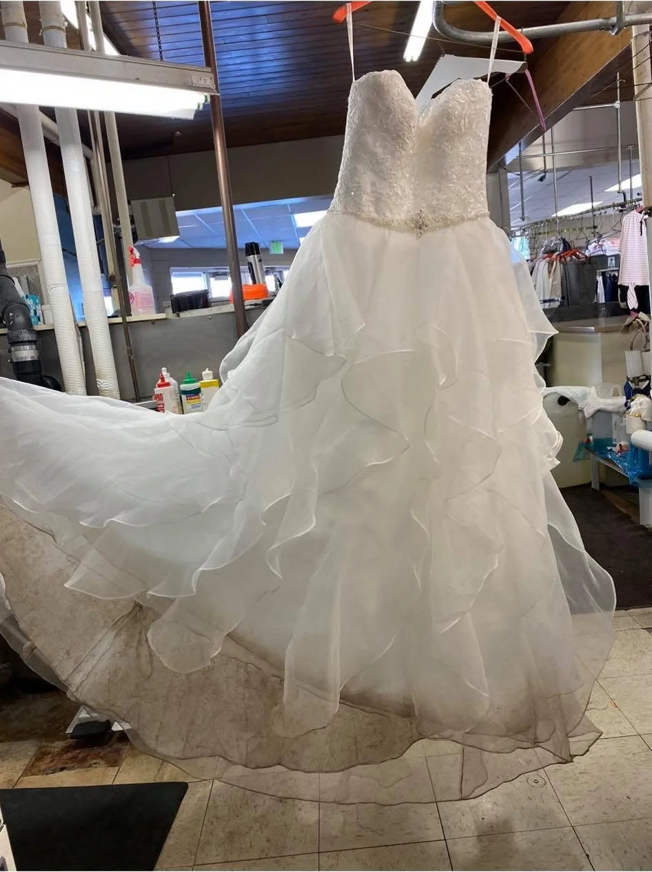 Layered ruffle gown, before cleaning