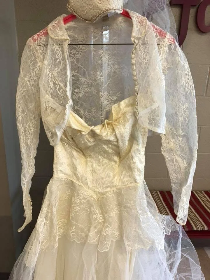 Long-sleeve lace gown, before cleaning