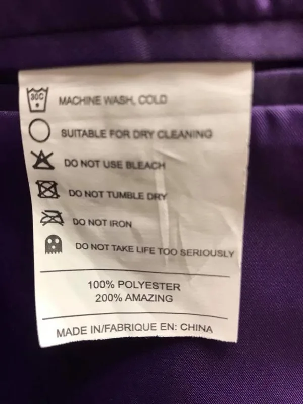 A humorous care label that jokes about polyester and 200 percent amazing