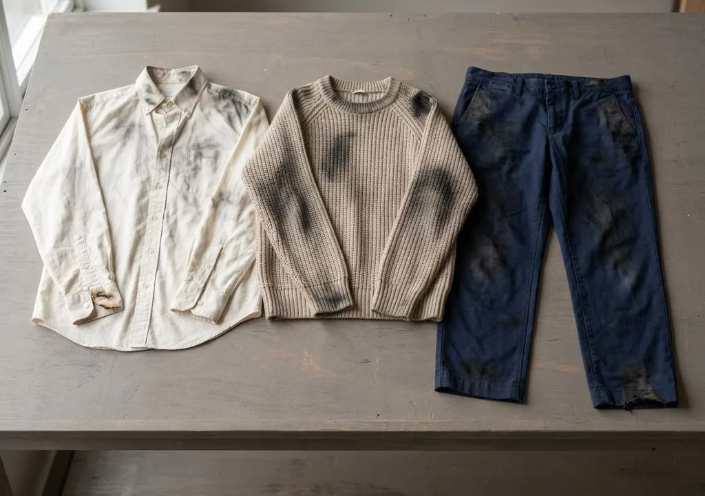 Generated illustration of soot-marked garments laid out together; not an actual customer's items or Faye's operations