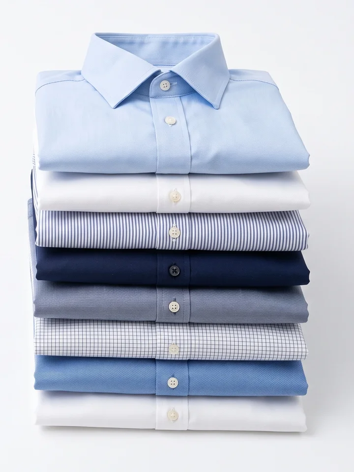 A neatly folded stack of dress shirts