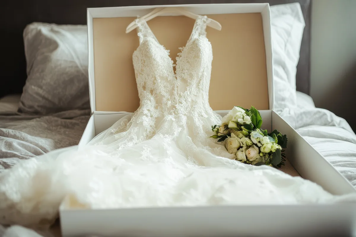 A lace wedding gown displayed in an open preservation box
